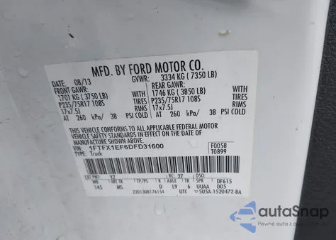 2013 Ford F-150 Xlt из США, поврежденный, VIN 1FTFX1EF6DFD31600